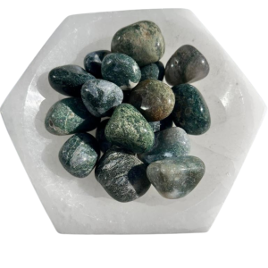 Selenite charging Bowl with Green Moss agate polished healing tumble Gemstone