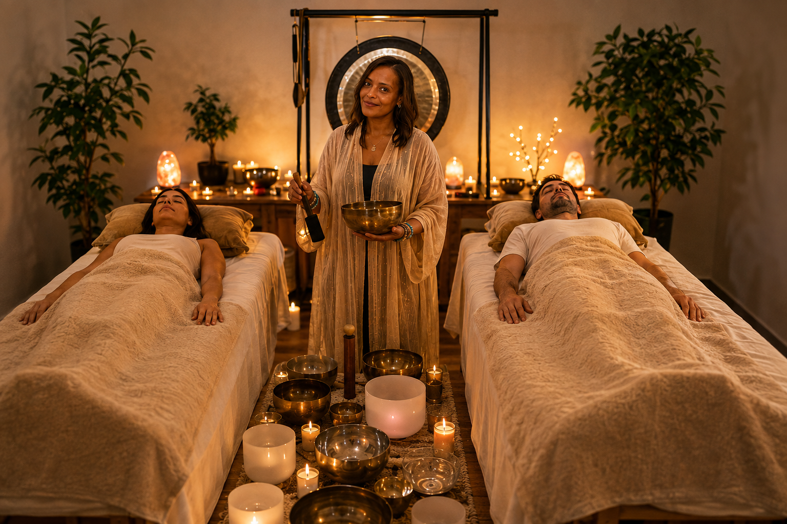 This image shows Dahni standing with a sound bowl in her hand, in the middle of two therapy couches with clients receiving Reiki and Sound healing.